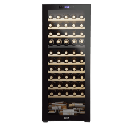 Sleek Baridi wine cooler with dual zones, tempered glass door, and wooden shelves for 55 bottles.