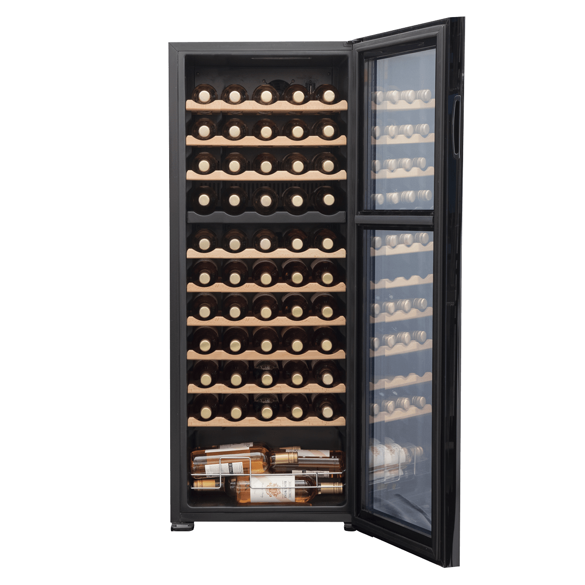 Baridi 55 Bottle Dual Zone Wine Cooler with glass door, wooden shelves, and touch controls.