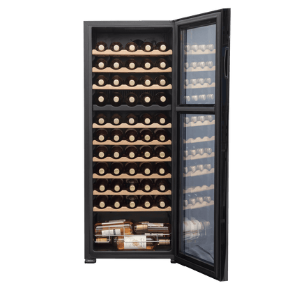 Baridi 55 Bottle Dual Zone Wine Cooler with glass door, wooden shelves, and touch controls.
