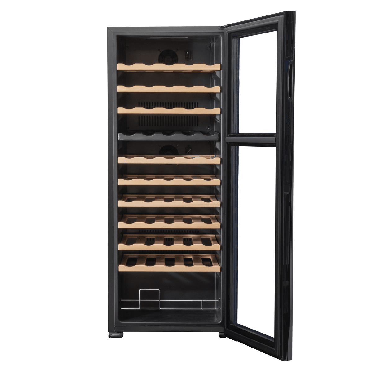 Baridi 55 Bottle Dual Zone Wine Cooler with wooden shelves, LED lighting, and touch controls.