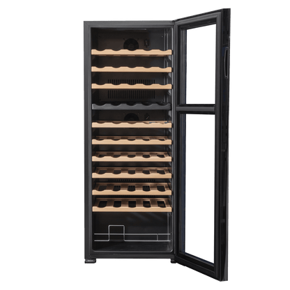 Baridi 55 Bottle Dual Zone Wine Cooler with wooden shelves, LED lighting, and touch controls.