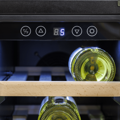Sleek Baridi wine and beverage cooler with dual zones, glass doors, and wood shelving.