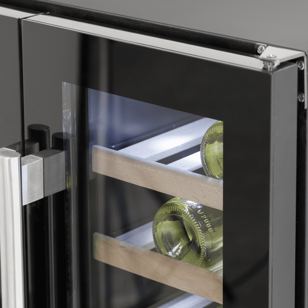 Baridi dual zone wine cooler with glass doors, wood shelving, and sleek under-counter design.