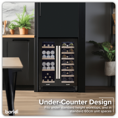 Sleek dual zone wine and beverage cooler with glass doors, showcasing bottles and cans.