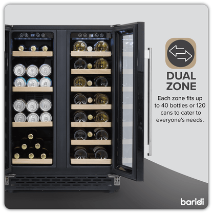 Baridi Dual Zone Wine & Beverage Cooler with glass doors, wood shelves, and sleek under-counter design.