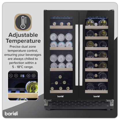 Sleek dual-zone wine and beverage cooler with glass doors and wood shelving in a modern kitchen.