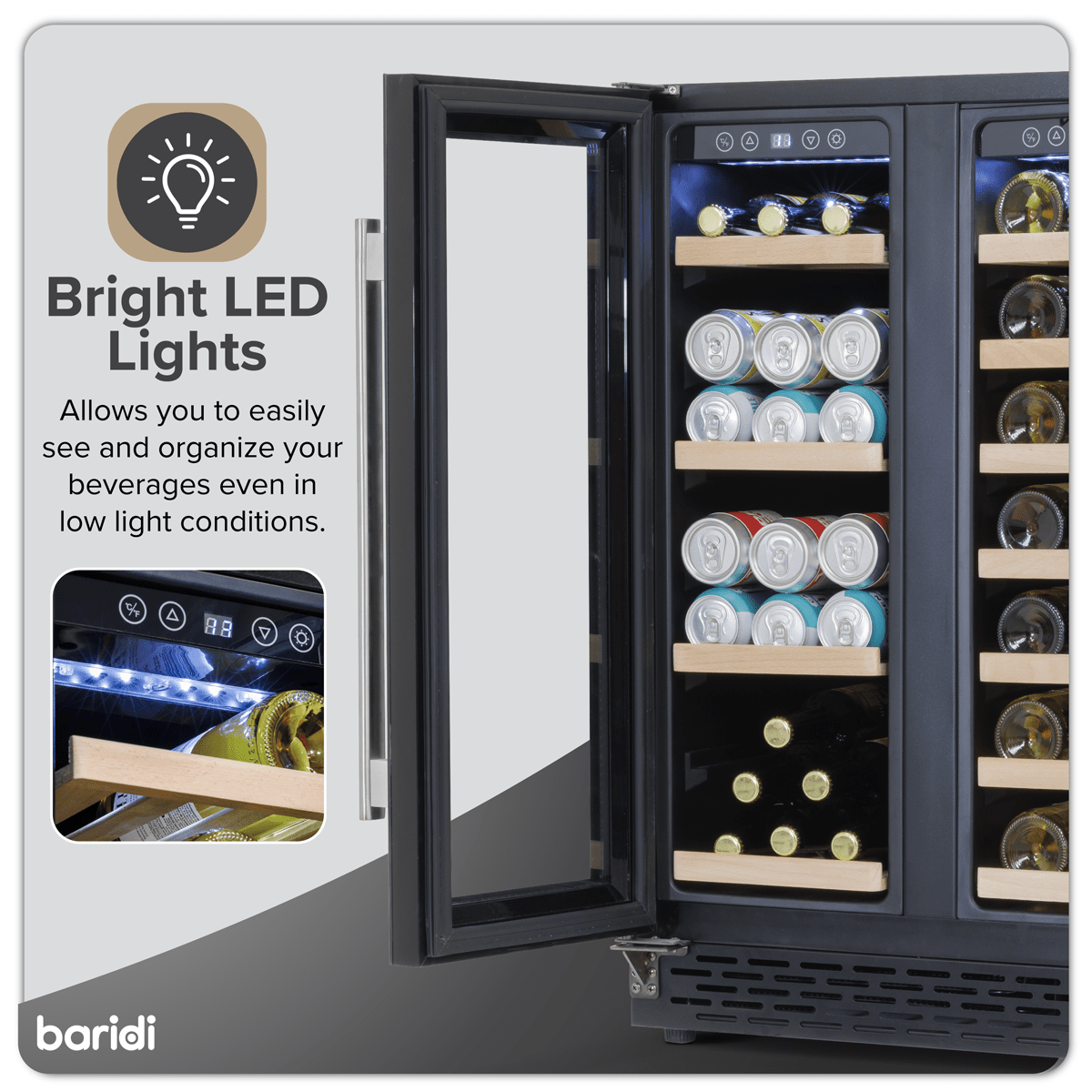 Sleek Baridi Dual Zone Wine & Beverage Cooler with glass door and wood shelving, under-counter fit.