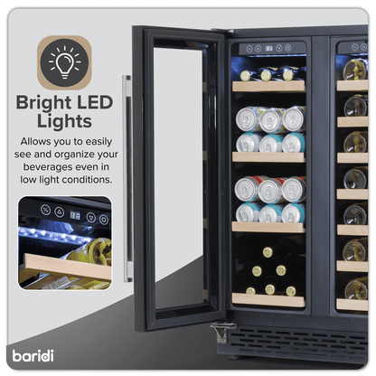 Sleek Baridi Dual Zone Wine & Beverage Cooler with glass door and wood shelving, under-counter fit.