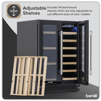 Sleek Baridi Dual Zone Cooler, mirror glass doors, under-counter, holds 40 bottles/120 cans.