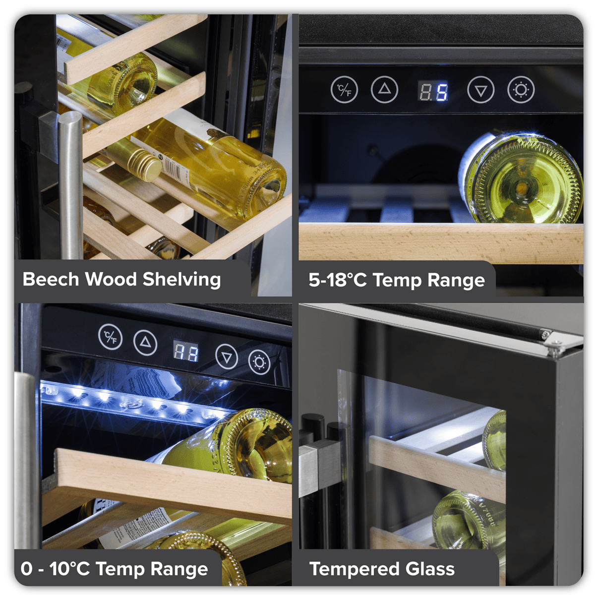 Sleek dual zone wine cooler with glass doors, holding 40 bottles or 120 cans, under-counter design.