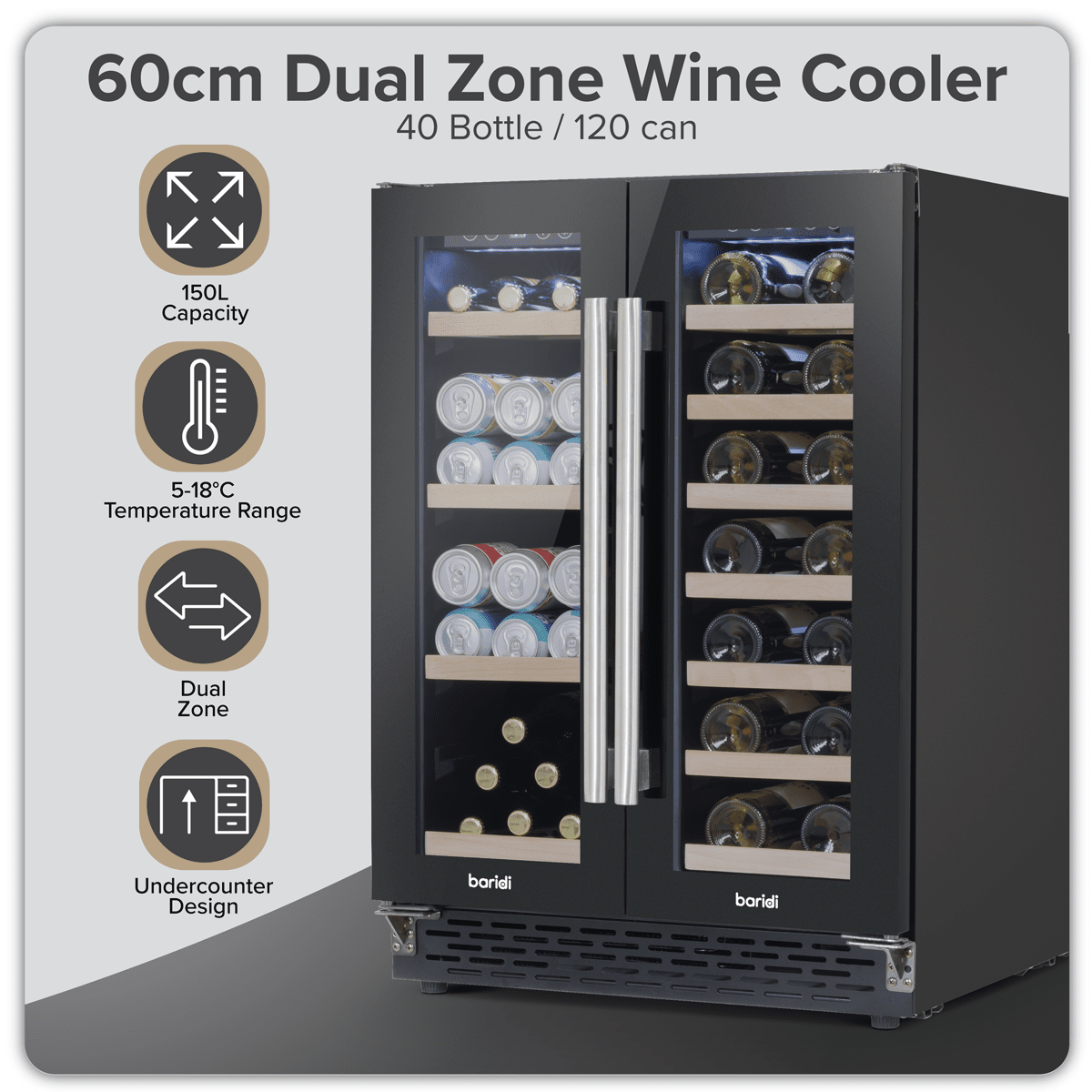 Sleek dual-zone wine cooler with glass doors, showcasing bottles and cans, fits under-counter.