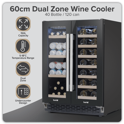 Sleek dual-zone wine cooler with glass doors, showcasing bottles and cans, fits under-counter.