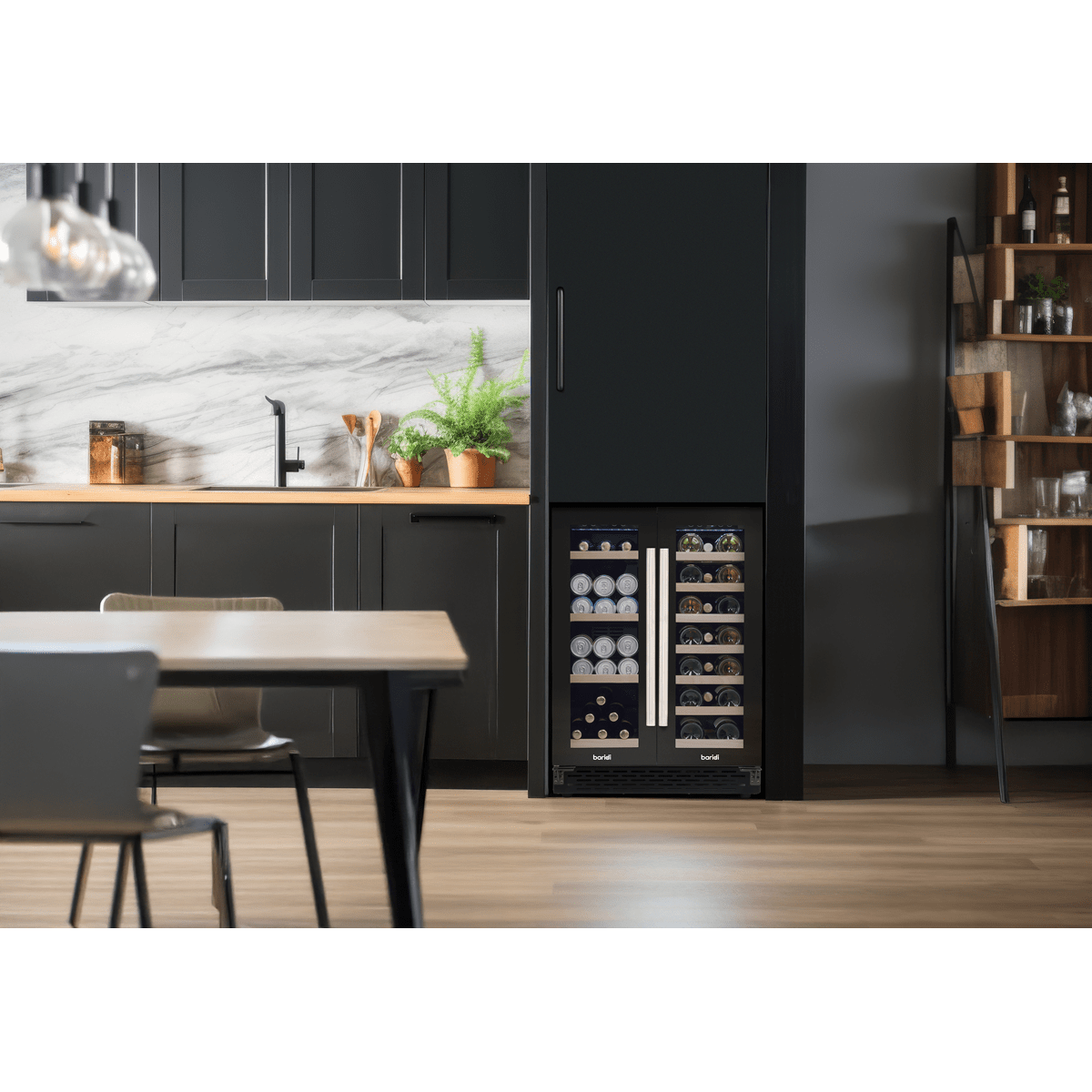 Baridi Dual Zone Wine & Beverage Cooler, sleek design, 40 bottles/120 cans capacity, glass doors.