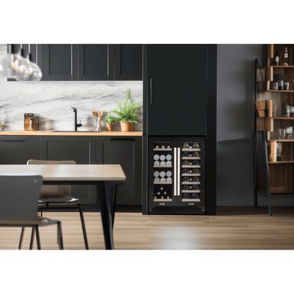 Baridi Dual Zone Wine & Beverage Cooler, sleek design, 40 bottles/120 cans capacity, glass doors.