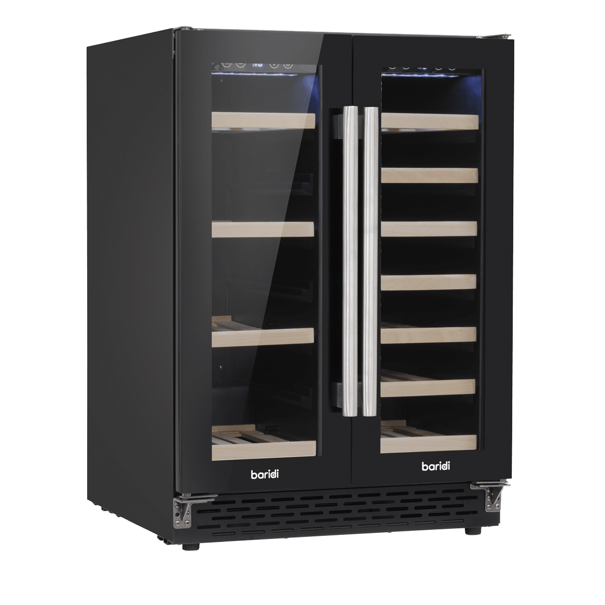 Sleek dual-zone wine cooler with glass doors, wood shelves, and modern under-counter design.