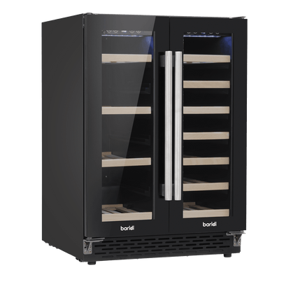 Sleek dual-zone wine cooler with glass doors, wood shelves, and modern under-counter design.