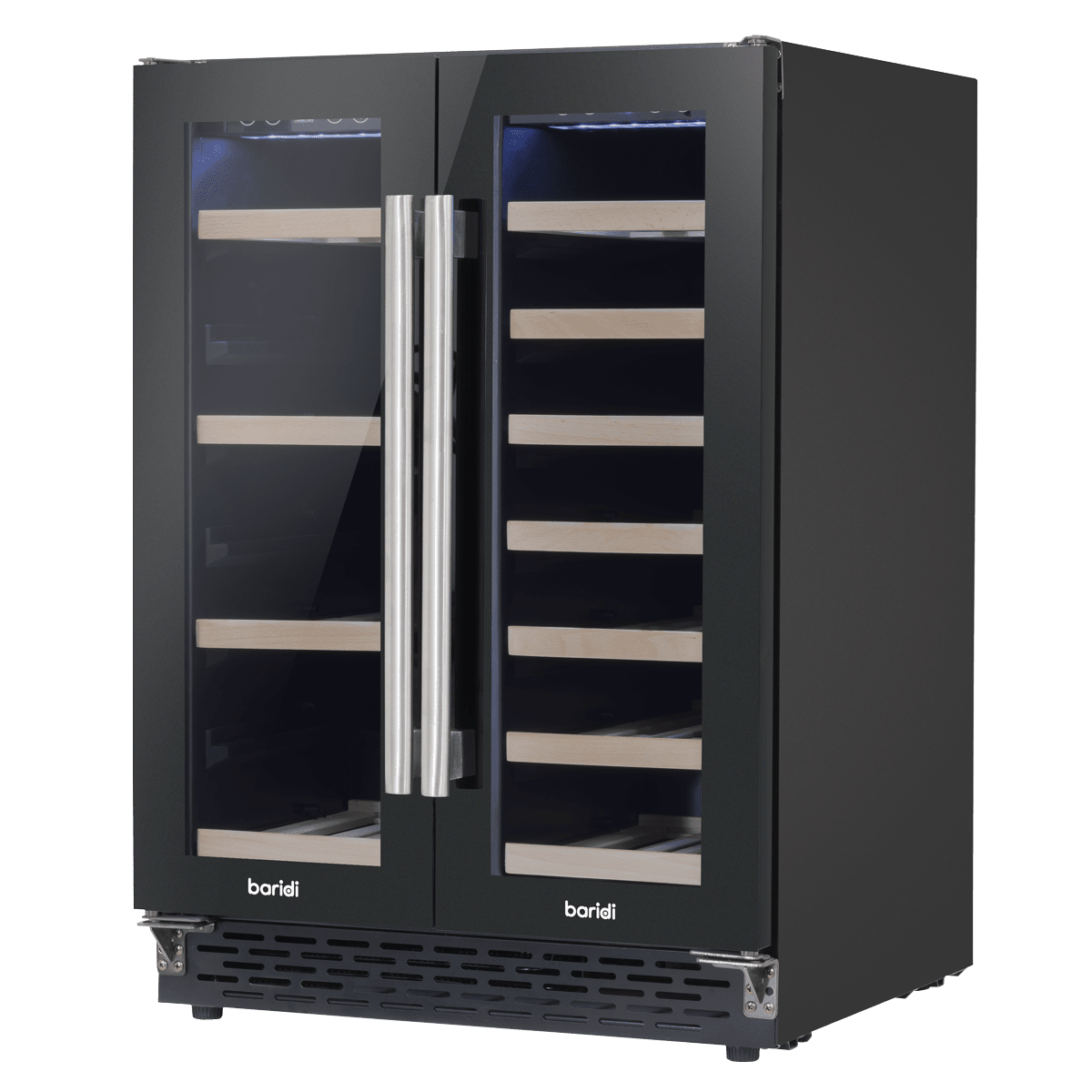 Sleek dual zone wine and beverage cooler with mirrored glass doors and beech wood shelving.