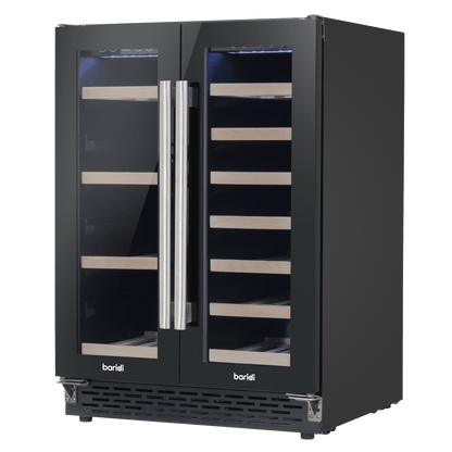 Sleek dual zone wine and beverage cooler with mirrored glass doors and beech wood shelving.