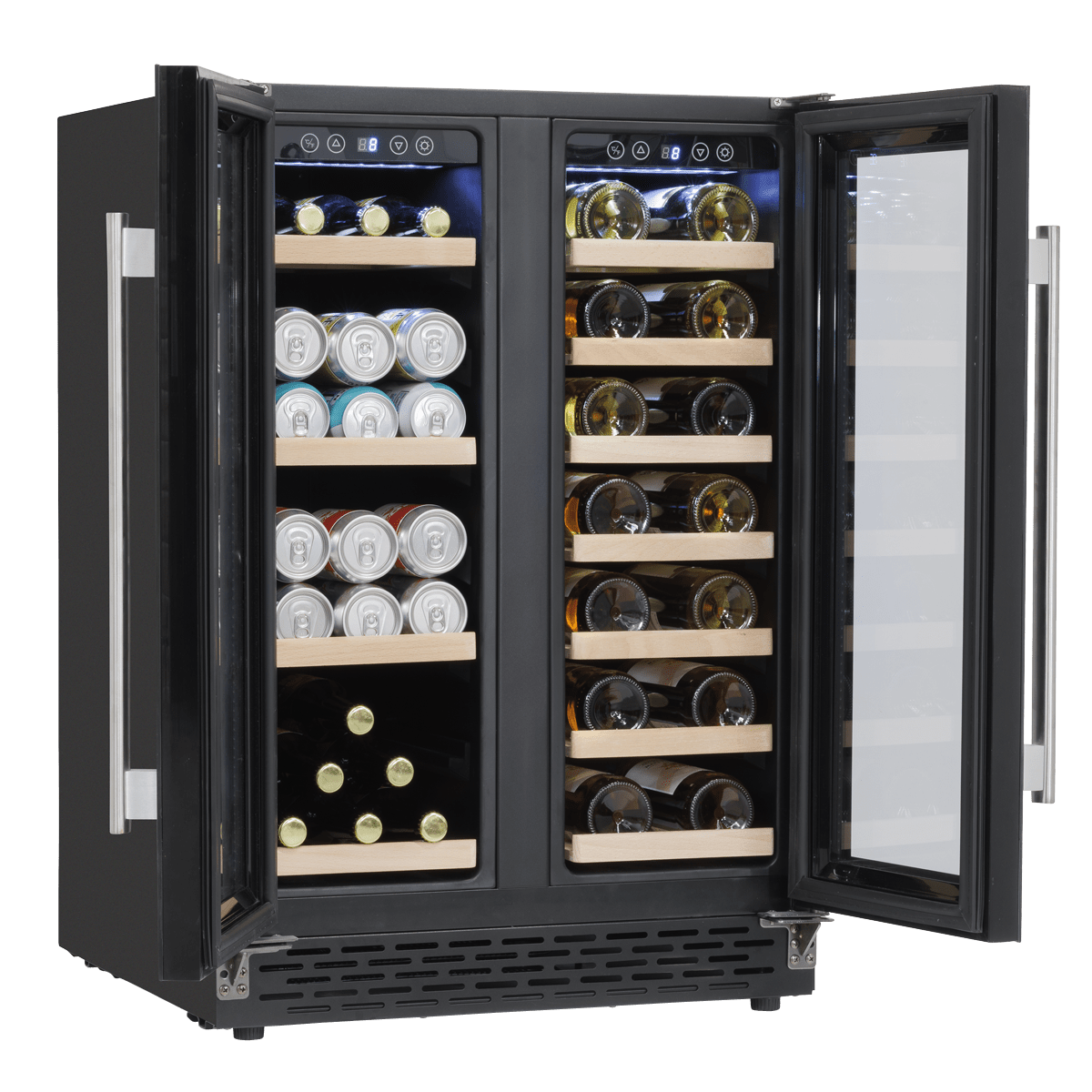 Sleek dual zone wine cooler with glass doors, wood shelves, and under-counter design.