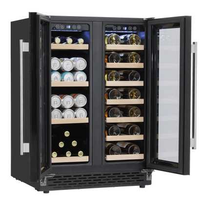 Sleek dual zone wine cooler with glass doors, wood shelves, and under-counter design.