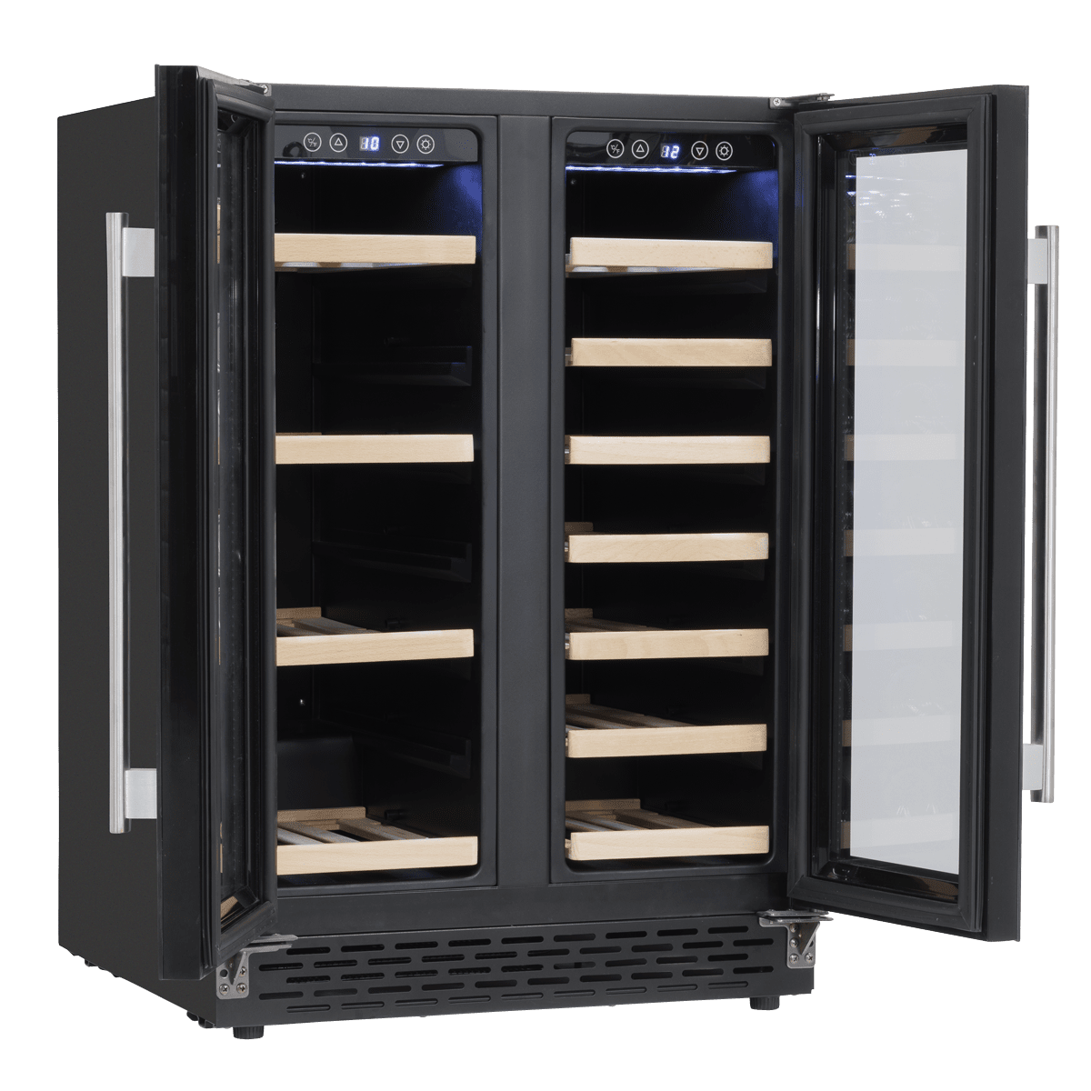 Dual zone wine and beverage cooler with sleek design, tempered glass doors, and wood shelving.