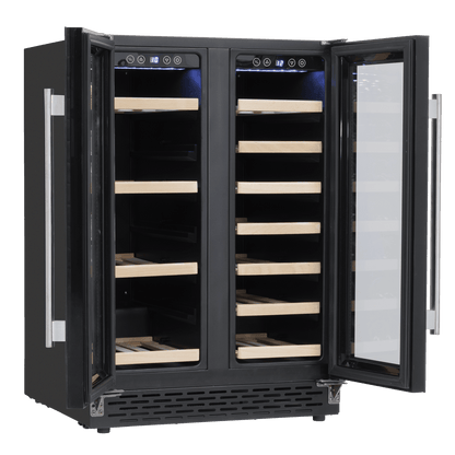 Dual zone wine and beverage cooler with sleek design, tempered glass doors, and wood shelving.