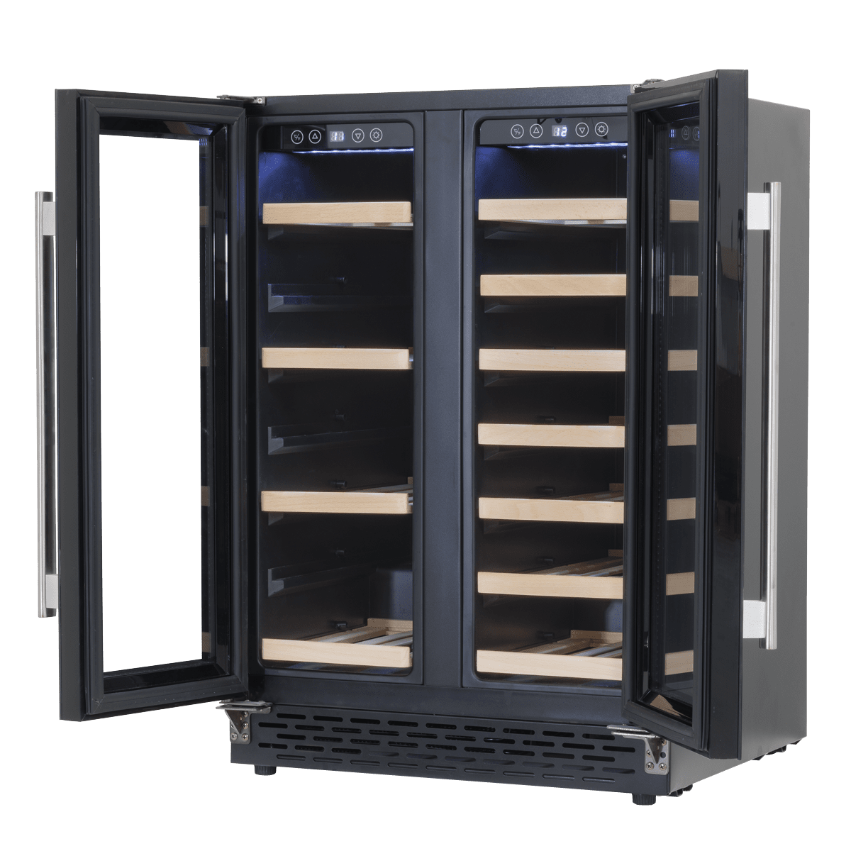 Sleek dual zone wine and beverage cooler with tempered glass doors and removable shelving.