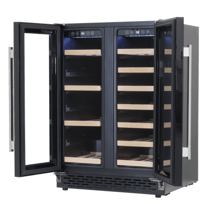 Sleek dual zone wine and beverage cooler with tempered glass doors and removable shelving.