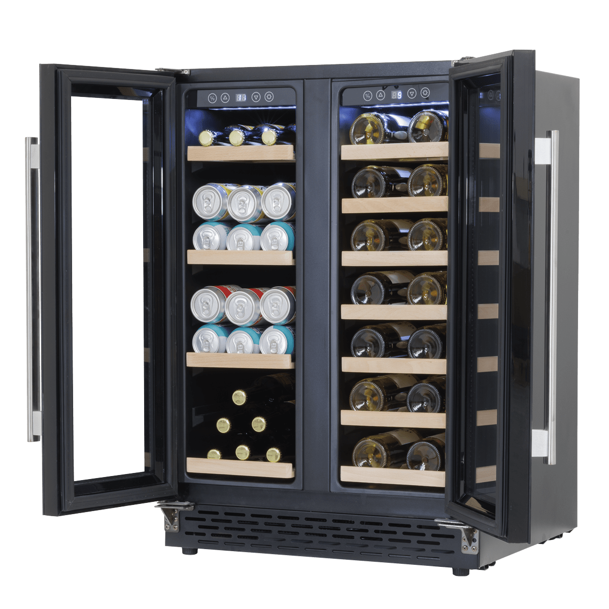 Dual-zone wine and beverage cooler with sleek glass doors and stylish under-counter design.