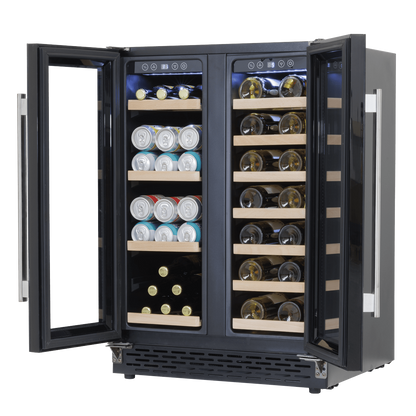 Dual-zone wine and beverage cooler with sleek glass doors and stylish under-counter design.