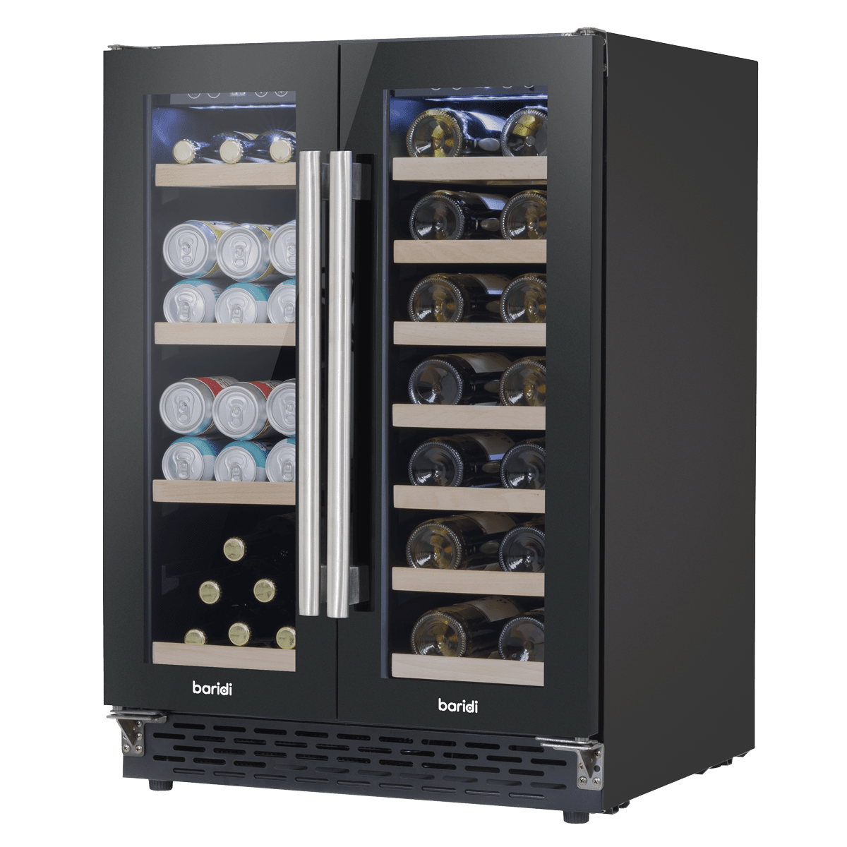 Baridi Dual Zone Wine & Beverage Cooler with mirror glass doors, fits 40 bottles or 120 cans.