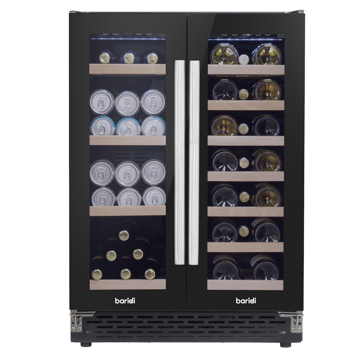 Baridi Dual Zone Wine & Beverage Cooler with glass doors, sleek under-counter design.