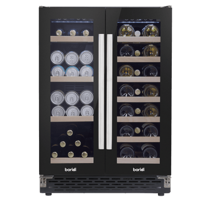 Baridi Dual Zone Wine & Beverage Cooler with glass doors, sleek under-counter design.