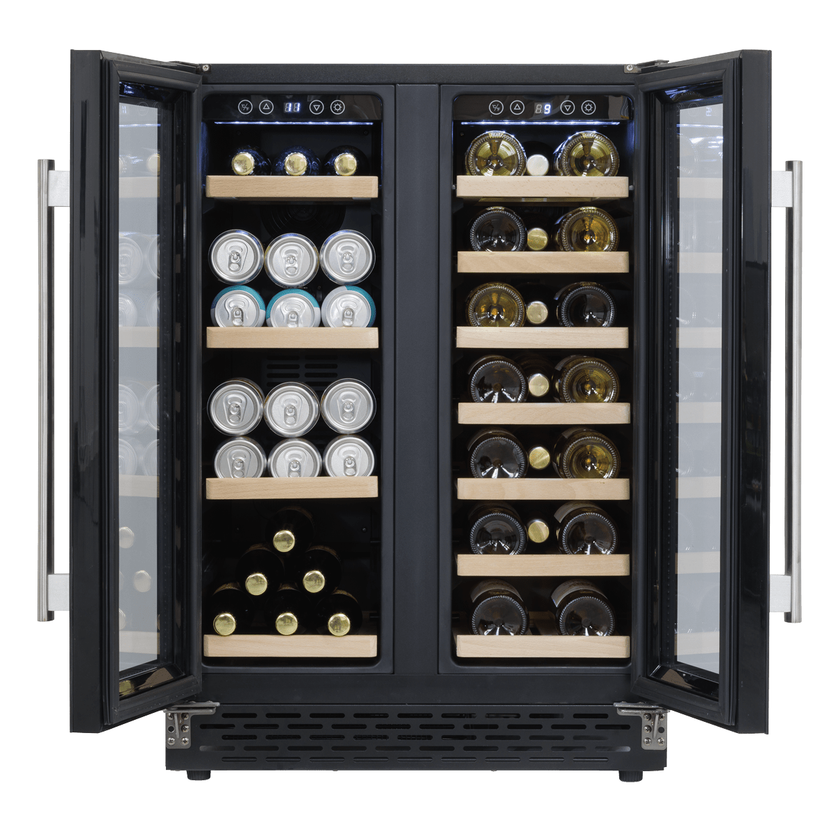 Sleek dual zone wine cooler with glass doors, storing 40 bottles or 120 cans.