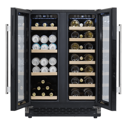 Sleek dual zone wine cooler with glass doors, storing 40 bottles or 120 cans.