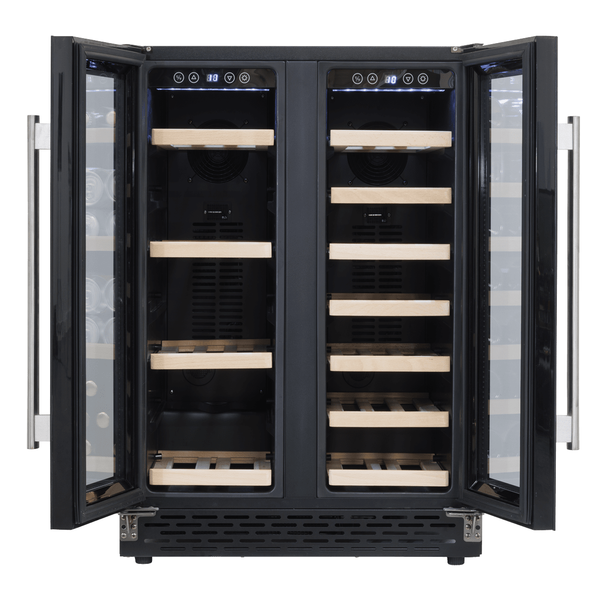 Sleek dual-zone wine and beverage cooler with glass doors and stylish under-counter design.