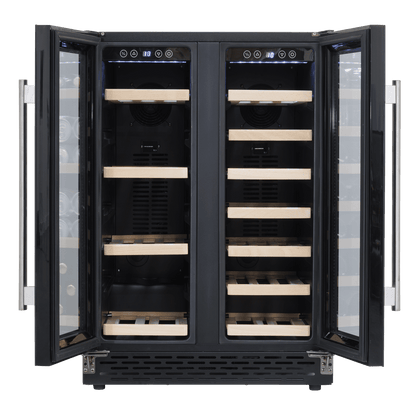 Sleek dual-zone wine and beverage cooler with glass doors and stylish under-counter design.
