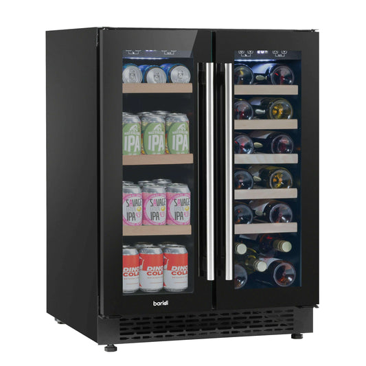 Dual zone wine and beverage cooler with sleek design and tempered glass doors, under-counter fit.