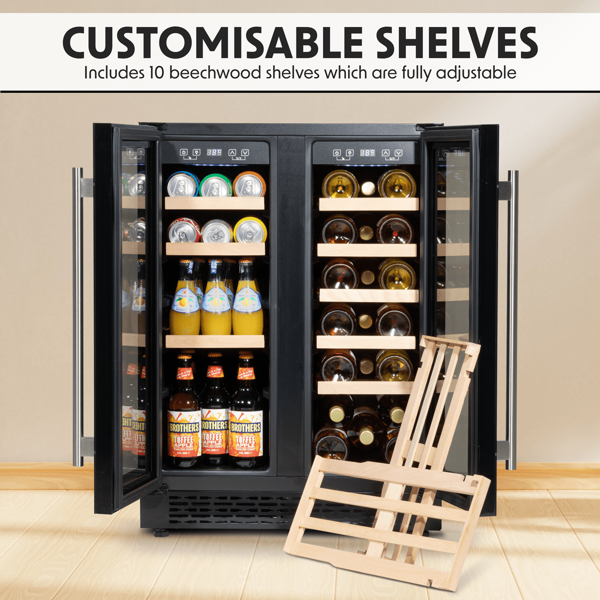 Baridi Dual Zone Wine & Beverage Cooler with sleek glass doors and dual temperature control.