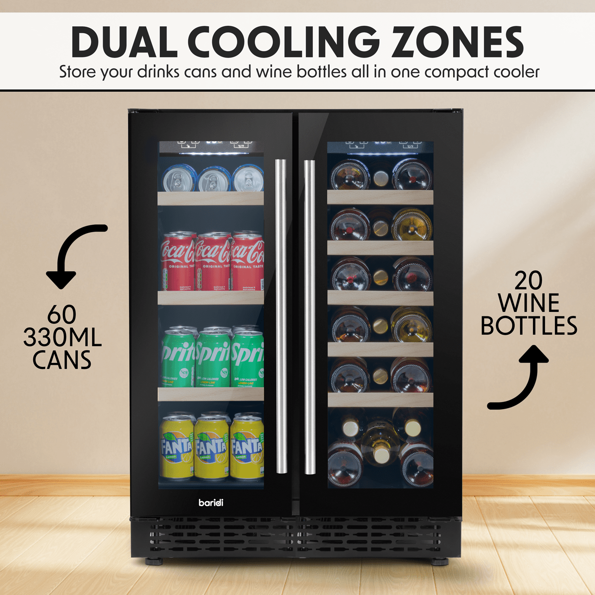 A sleek dual-zone wine and beverage cooler with glass doors and removable wooden shelves.