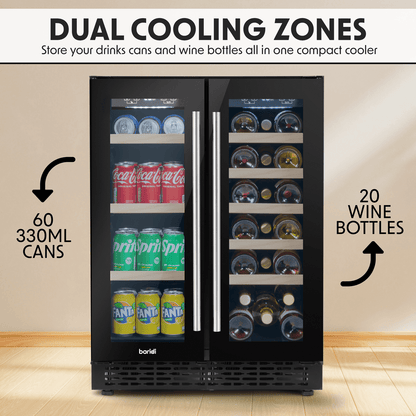 A sleek dual-zone wine and beverage cooler with glass doors and removable wooden shelves.
