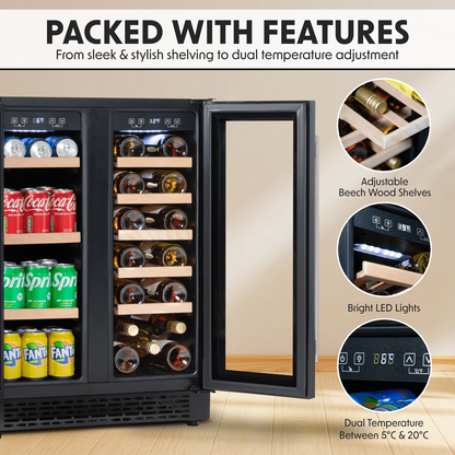 Sleek dual-zone wine cooler with glass doors, wood shelves, and under-counter fit.