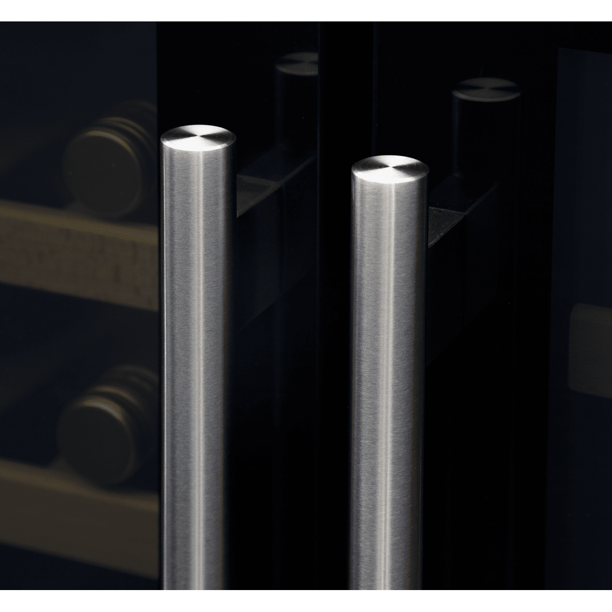 Sleek dual zone cooler with glass doors, storing 40 wine bottles or 120 cans, in a modern kitchen.