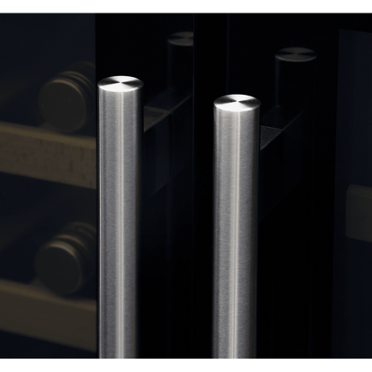 Sleek dual zone cooler with glass doors, storing 40 wine bottles or 120 cans, in a modern kitchen.