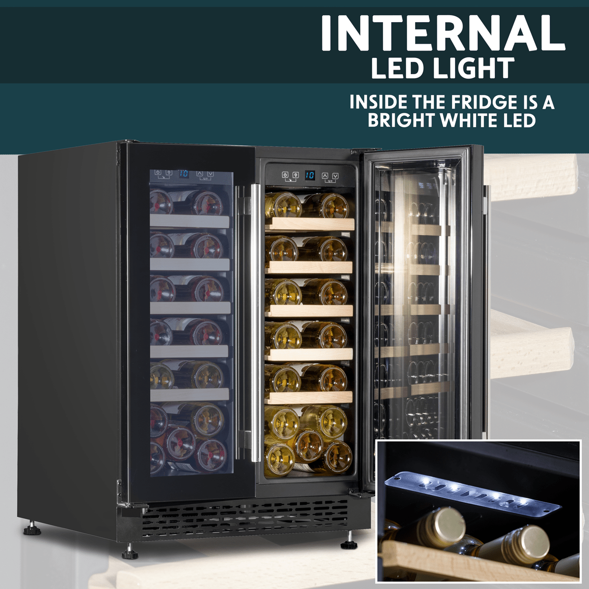 Sleek dual zone cooler with glass doors, showcasing wine bottles and cans on wooden shelves.