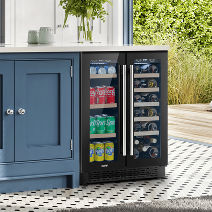 Sleek Baridi dual zone cooler with glass doors, showcasing wine bottles and beverage cans.