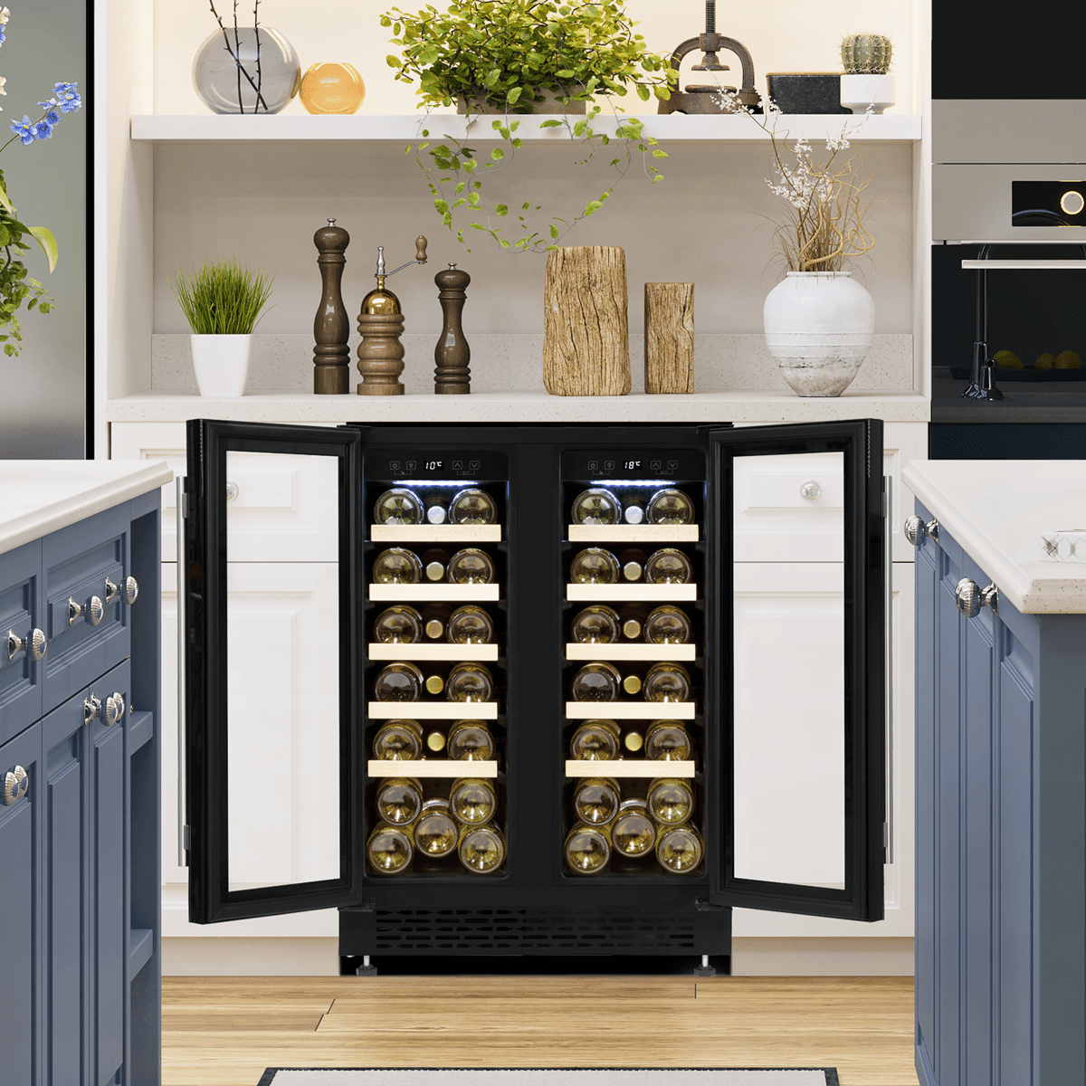 Sleek dual-zone wine and beverage cooler with glass doors and removable wood shelves.