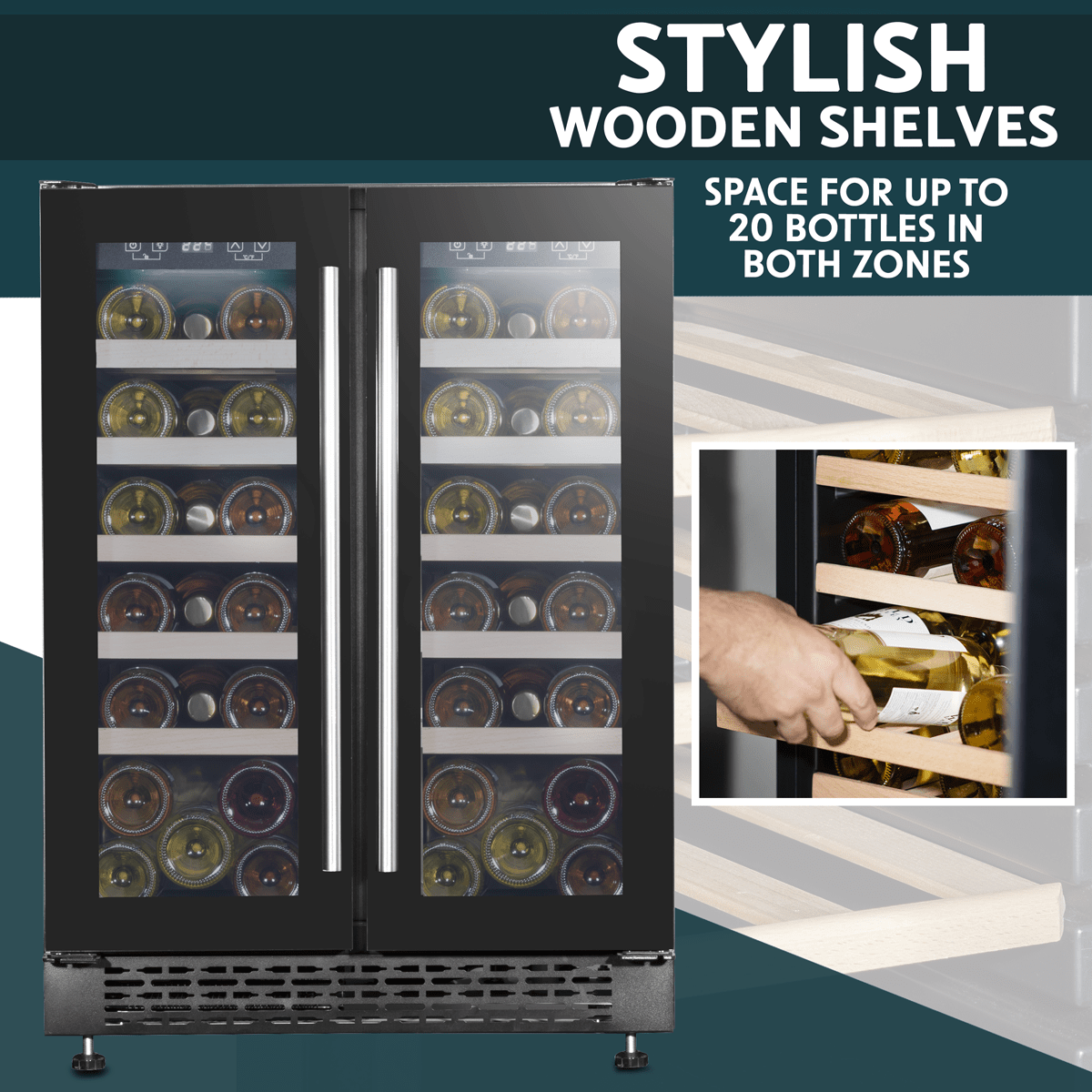 Sleek dual zone wine cooler with glass doors, showcasing bottles and cans in a modern kitchen setting.