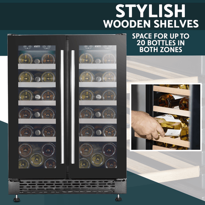 Sleek dual zone wine cooler with glass doors, showcasing bottles and cans in a modern kitchen setting.