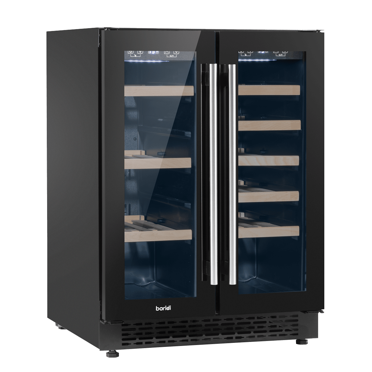 Sleek dual zone wine and beverage cooler with glass doors and wood shelving.